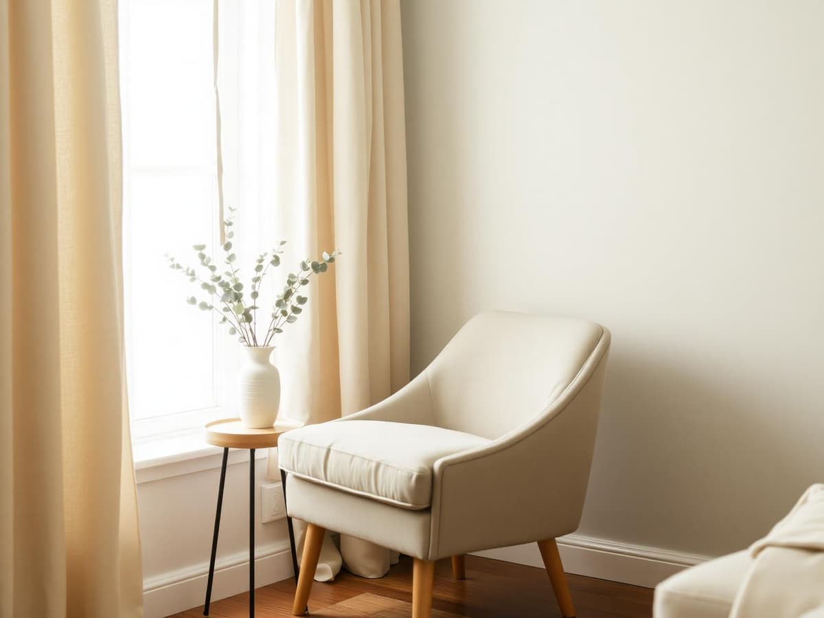 A serene therapy room with a linen armchair beside a sunlit window