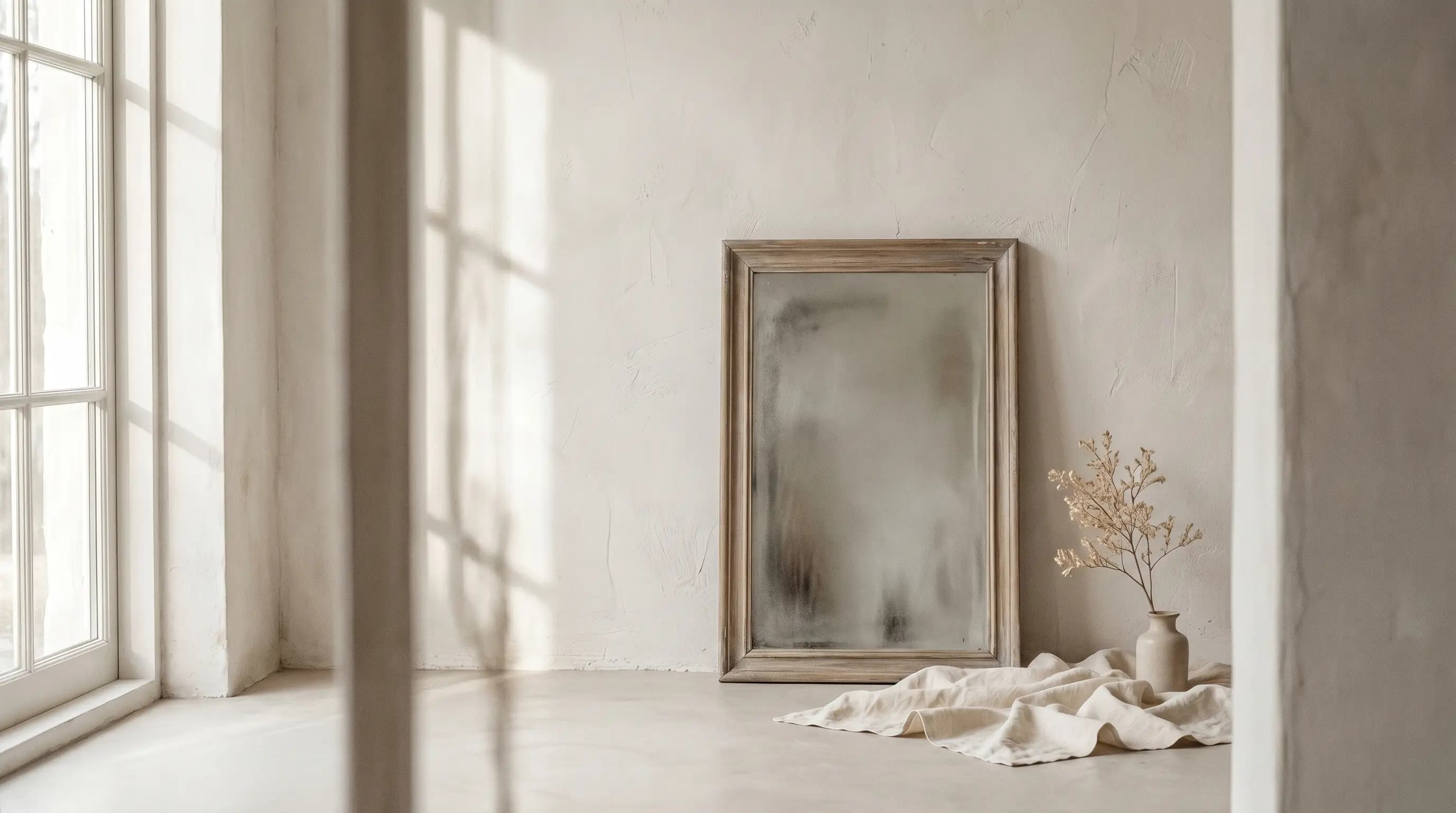 A mirror leaning against a white textured wall with soft morning light